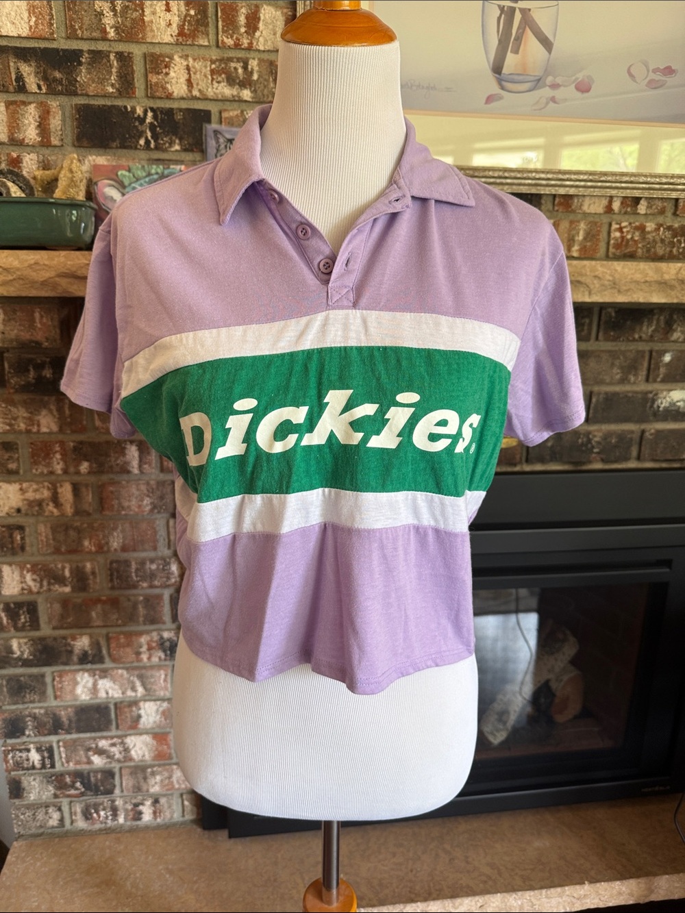 DICKIES short sleeved collared crop top. Lavender, green & white color block.